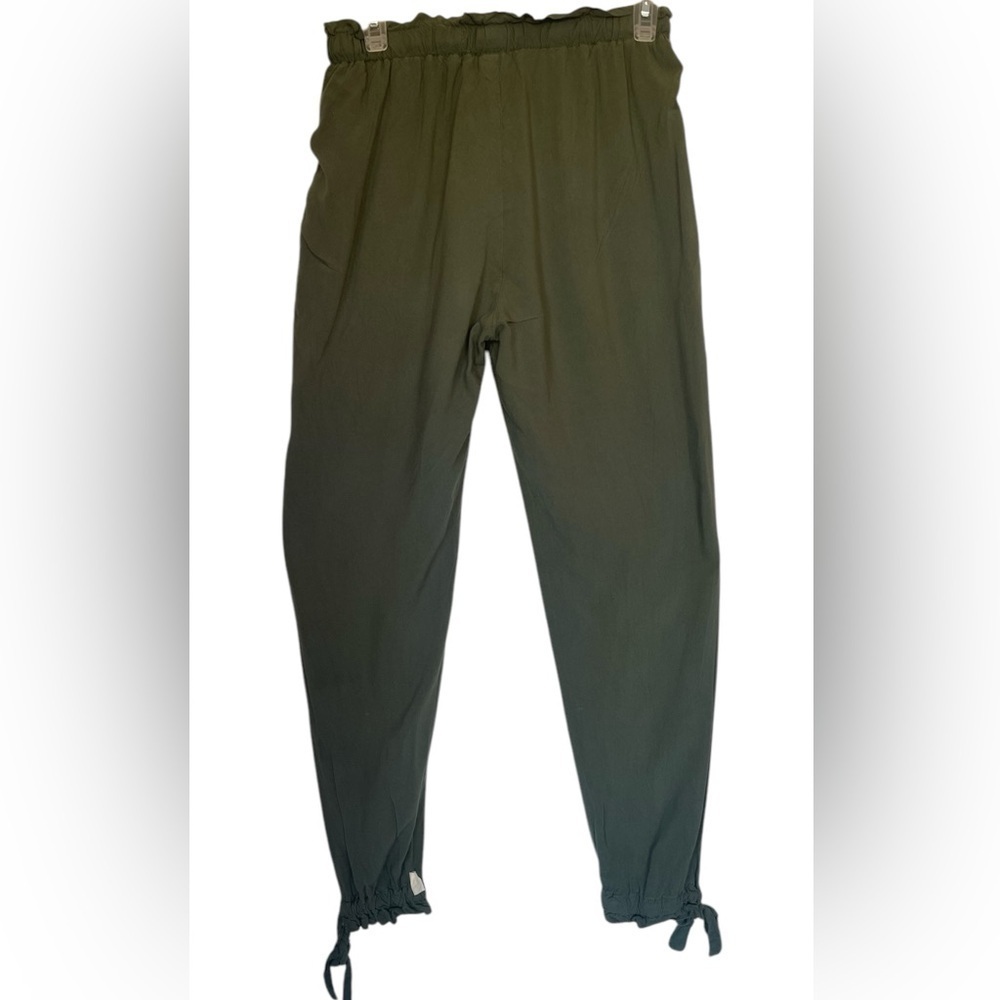 Joggers Paper Bag Waist with Elastic Pockets Side Ankle Tie Olive Green Casual - Picture 4 of 9